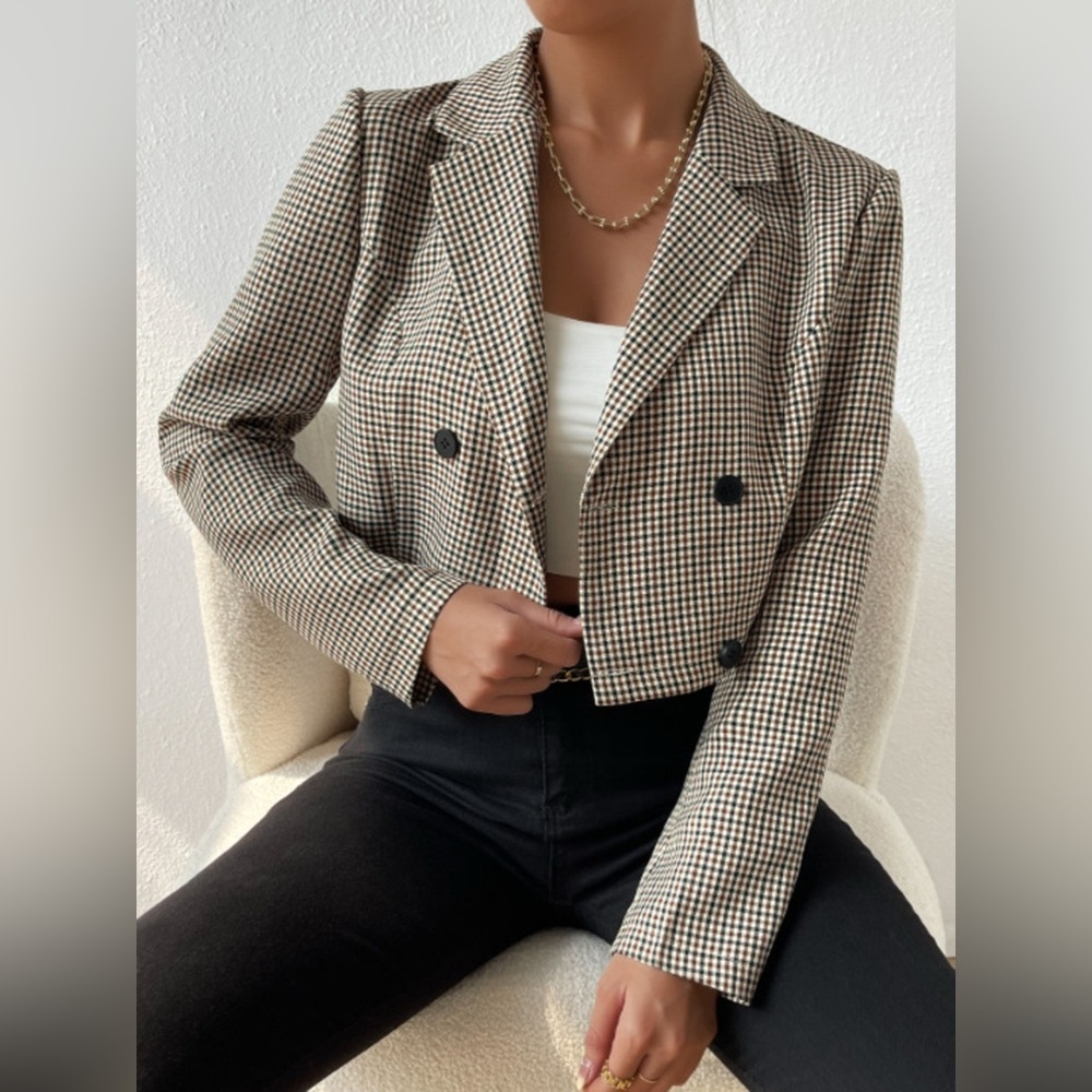 Plaid Lapel Collar Cropped Blazer